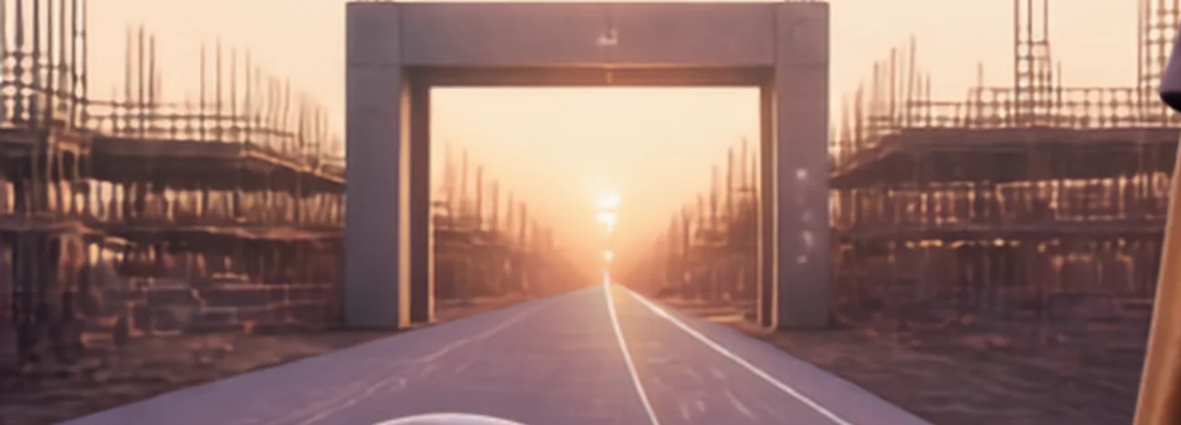 A road leading through a concrete gate toward a sunrise over a building site
