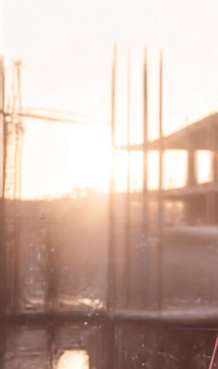 A construction site at sunrise, scaffolding and cranes glowing in warm light