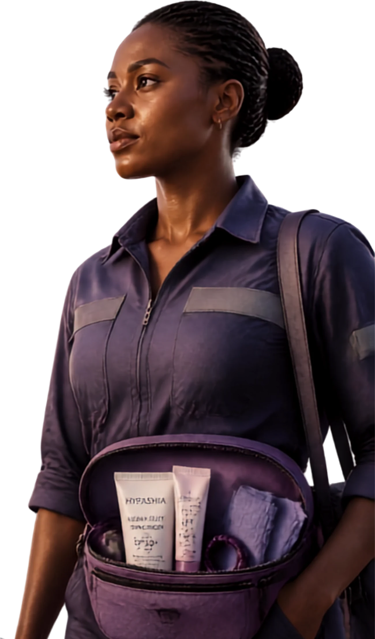 A site worker in a lavender coverall with a Hypashia utility bag at her hip, looking toward the horizon